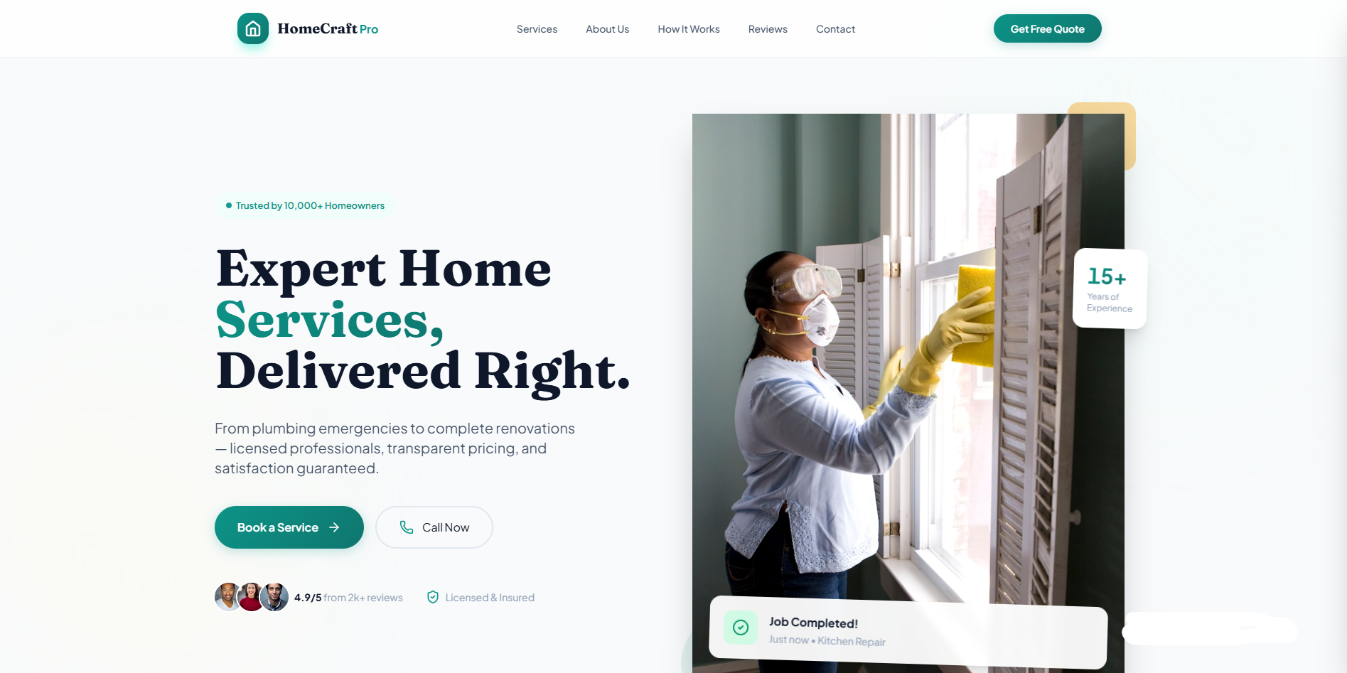 HomeCraft Pro website desktop view — clean modern design with teal accent showcasing the hero section, trust badges, and professional imagery