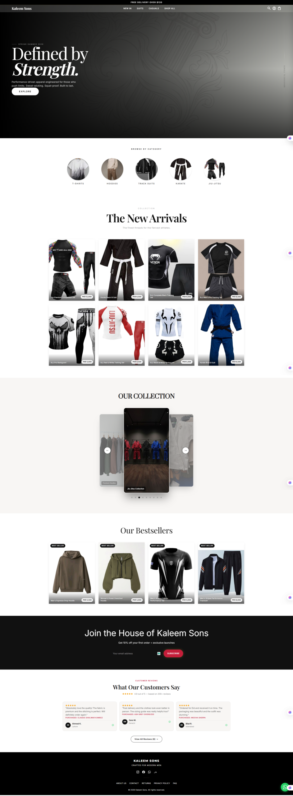 Kaleem Sons premium sportswear website desktop view — showcasing BJJ gis, karate gis, rashguards, and training sets with a modern e-commerce design