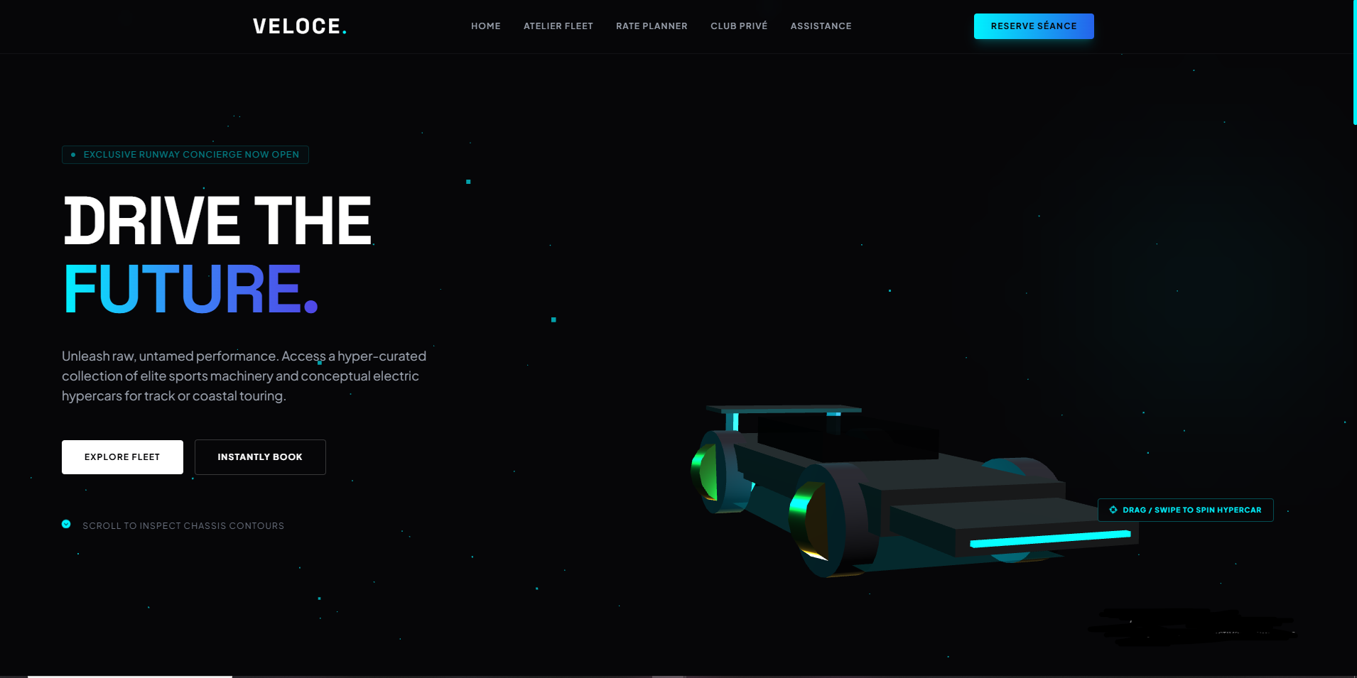 Veloce luxury hypercar rental website desktop view — immersive dark theme showcasing the hero section, fleet gallery, and 3D car visualisation
