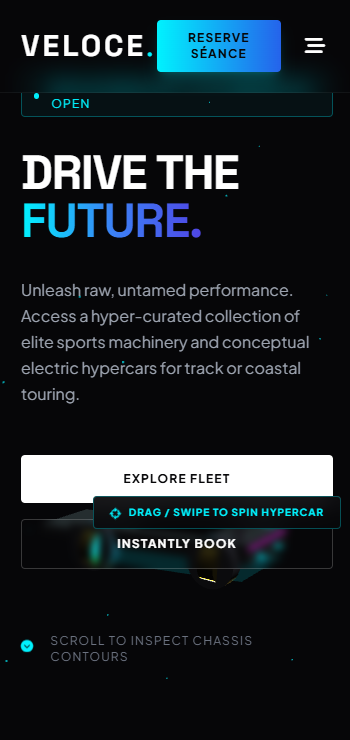 Veloce luxury hypercar rental website mobile view — responsive design showing the hero section and fleet on a smartphone