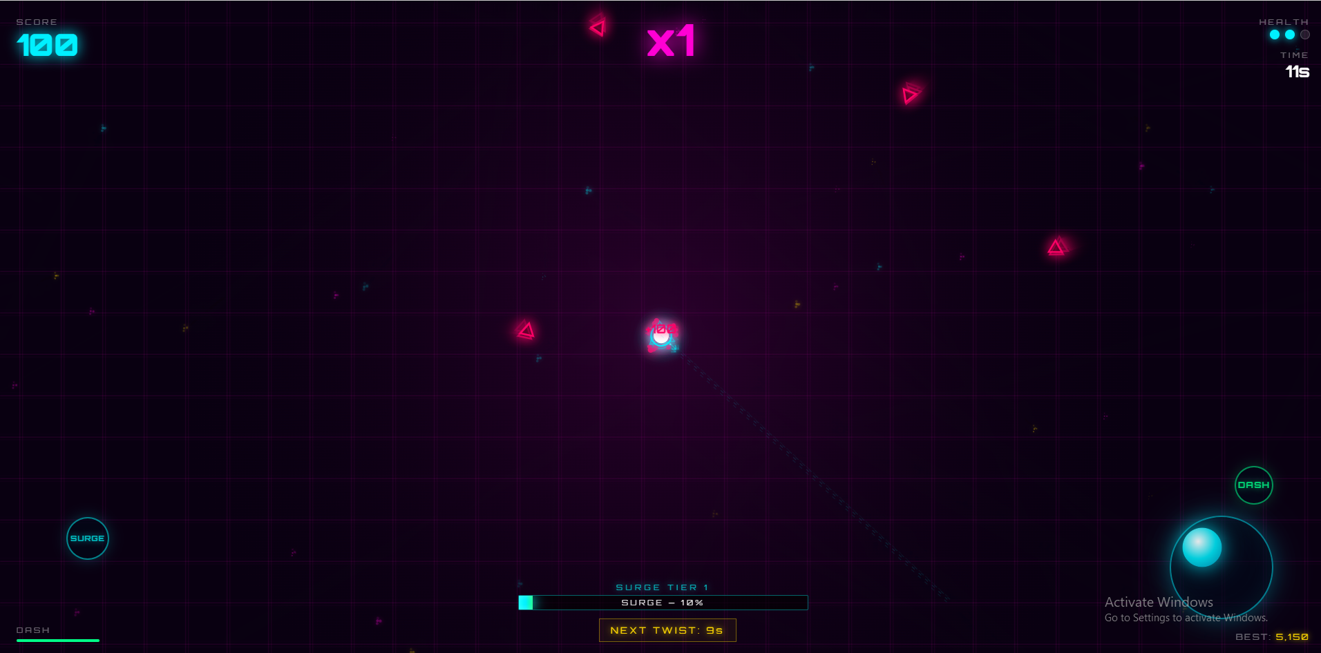 NEON SURGE twin-stick shooter mobile view — responsive design showing gameplay on a smartphone