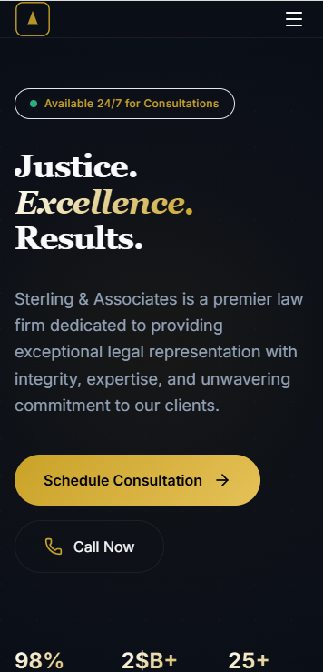 Sterling & Associates website mobile view — responsive design showing the hero section and practice areas on a smartphone