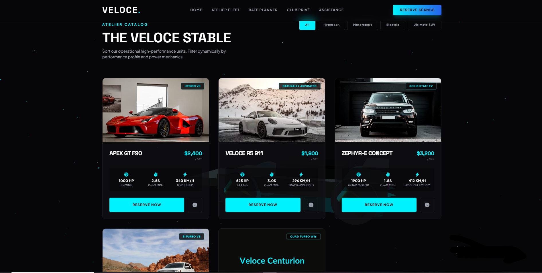 Veloce luxury car rental fleet gallery — desktop view showing the hypercar collection with detailed specifications and pricing