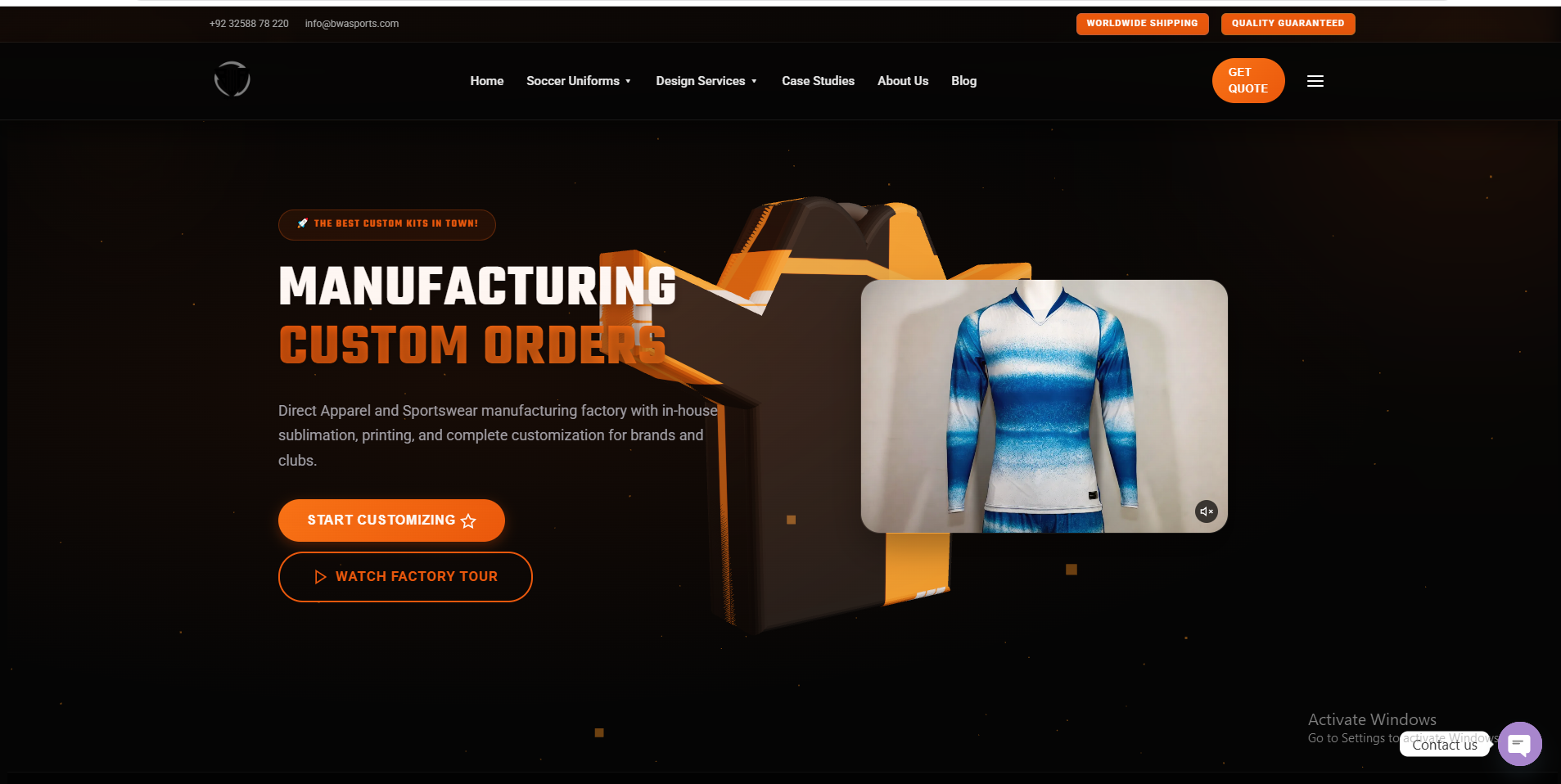 Bwa Sports custom sportswear manufacturing website desktop view — showcasing the hero section, 3D gallery, and streamlined ordering system