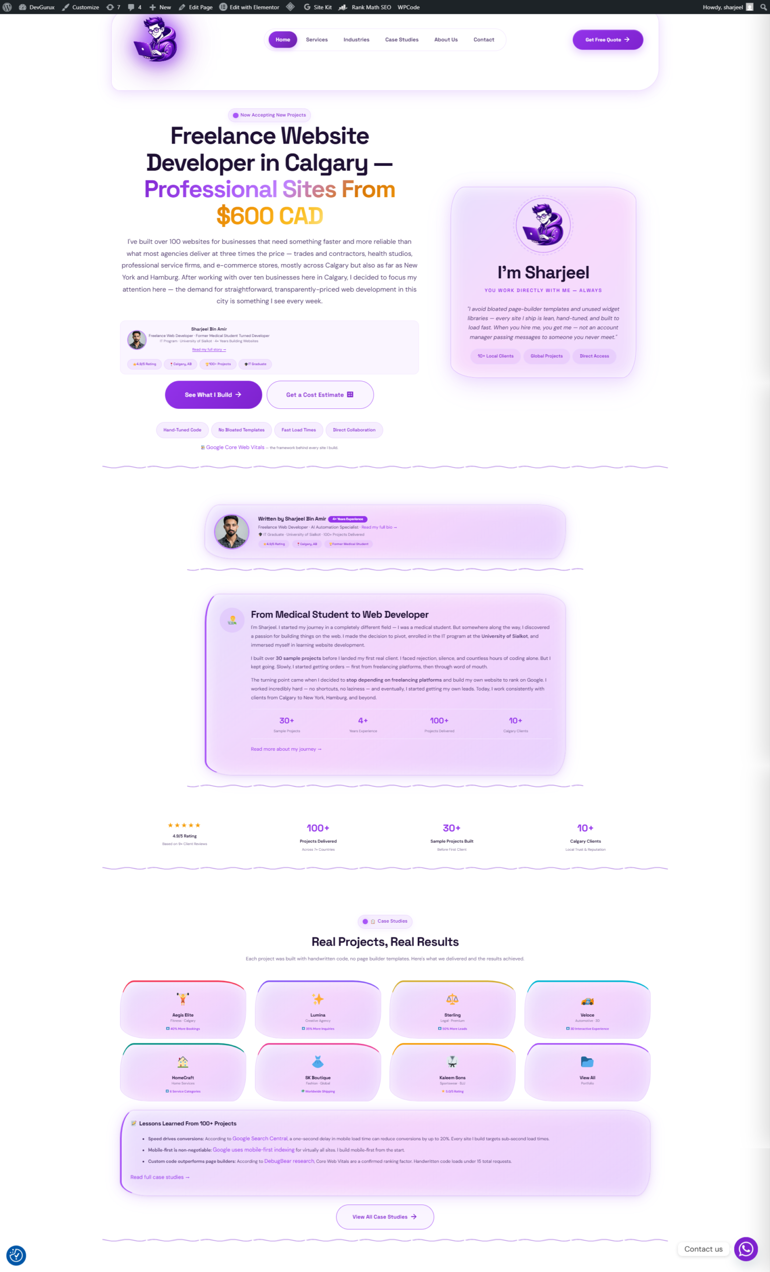 DevGurux redesigned website desktop view — dark theme with purple and cyan accents, glass morphism, showing hero section and services