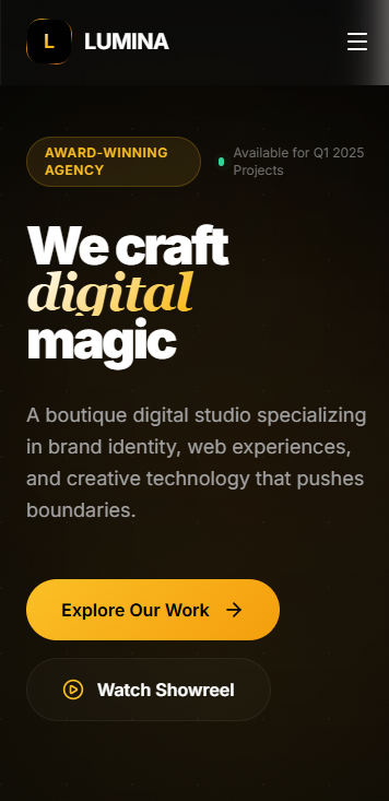 Lumina Creative Agency website mobile view — responsive design showing the hero section and portfolio on a smartphone