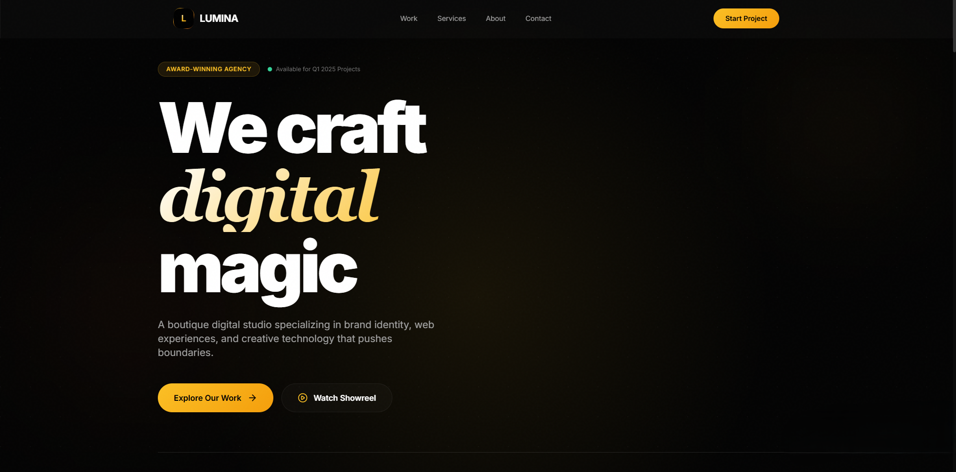 Lumina Creative Agency website desktop view — clean dark theme with neon accents showcasing the hero section, portfolio grid, and trusted brand logos