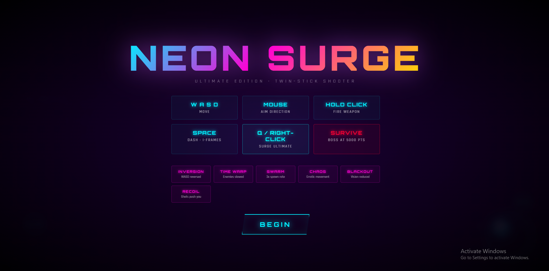 NEON SURGE twin-stick shooter desktop view — neon-themed game starting screen with the title and play button