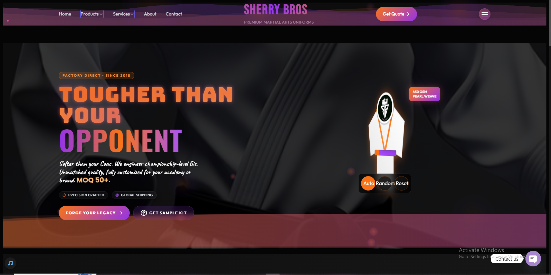 Sherry Bros website desktop view — bold dark theme showcasing the hero section, product gallery, and Behind the Seams manufacturing process