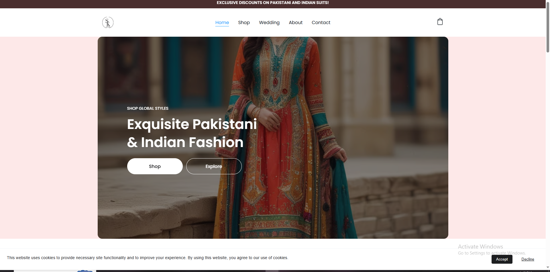 SK Boutique website desktop view — elegant fashion e-commerce showcasing Pakistani and Indian suits, artificial jewellery, and wedding dresses