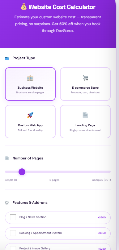 Website Cost Calculator mobile view — responsive design showing the cost estimator on a smartphone