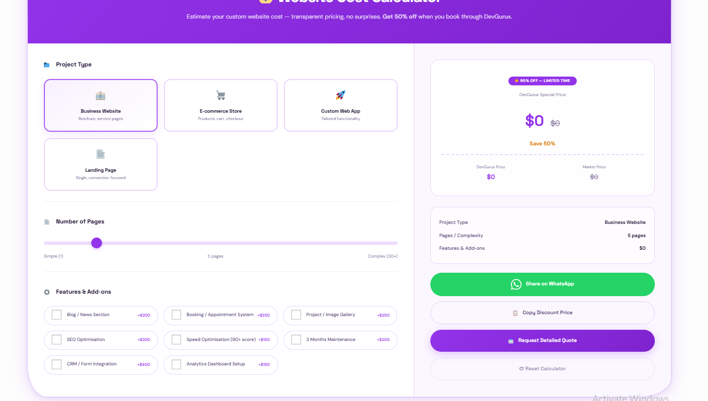 Website Cost Calculator desktop view — transparent pricing tool showing project type selection, pages slider, features, and real-time cost breakdown